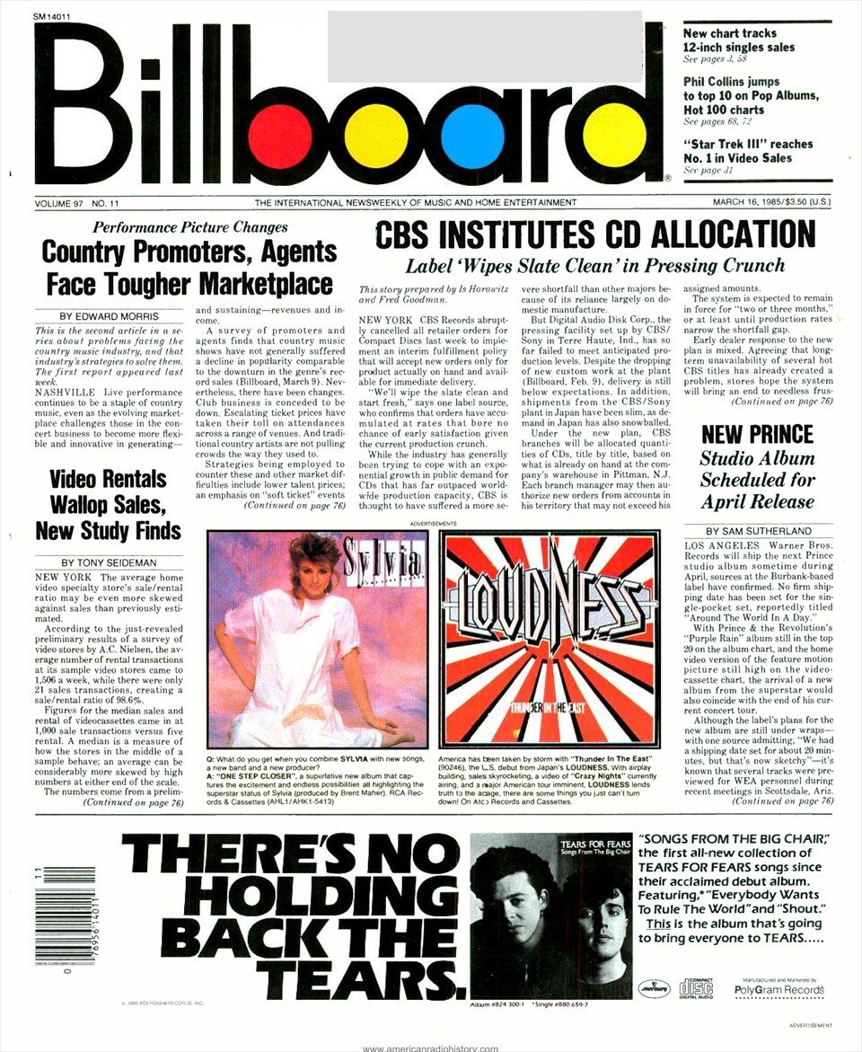 Cover of the US music trade magazine Billboard of Saturday, 16 March 1985 (vol. 97, no. 11). On p. 66 of the issue is the capsule review of the ECM album by Werner Pirchner, the Austrian composer and vibraphonist, Harry Pepl and Jack DeJohnette, rated “Recommended”. The subscriber address label is masked.